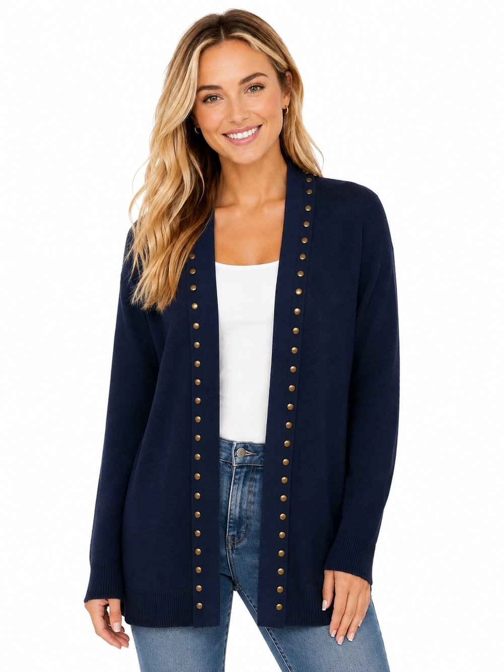 Open-Front Navy Stud-Trim Cardigan Sweater